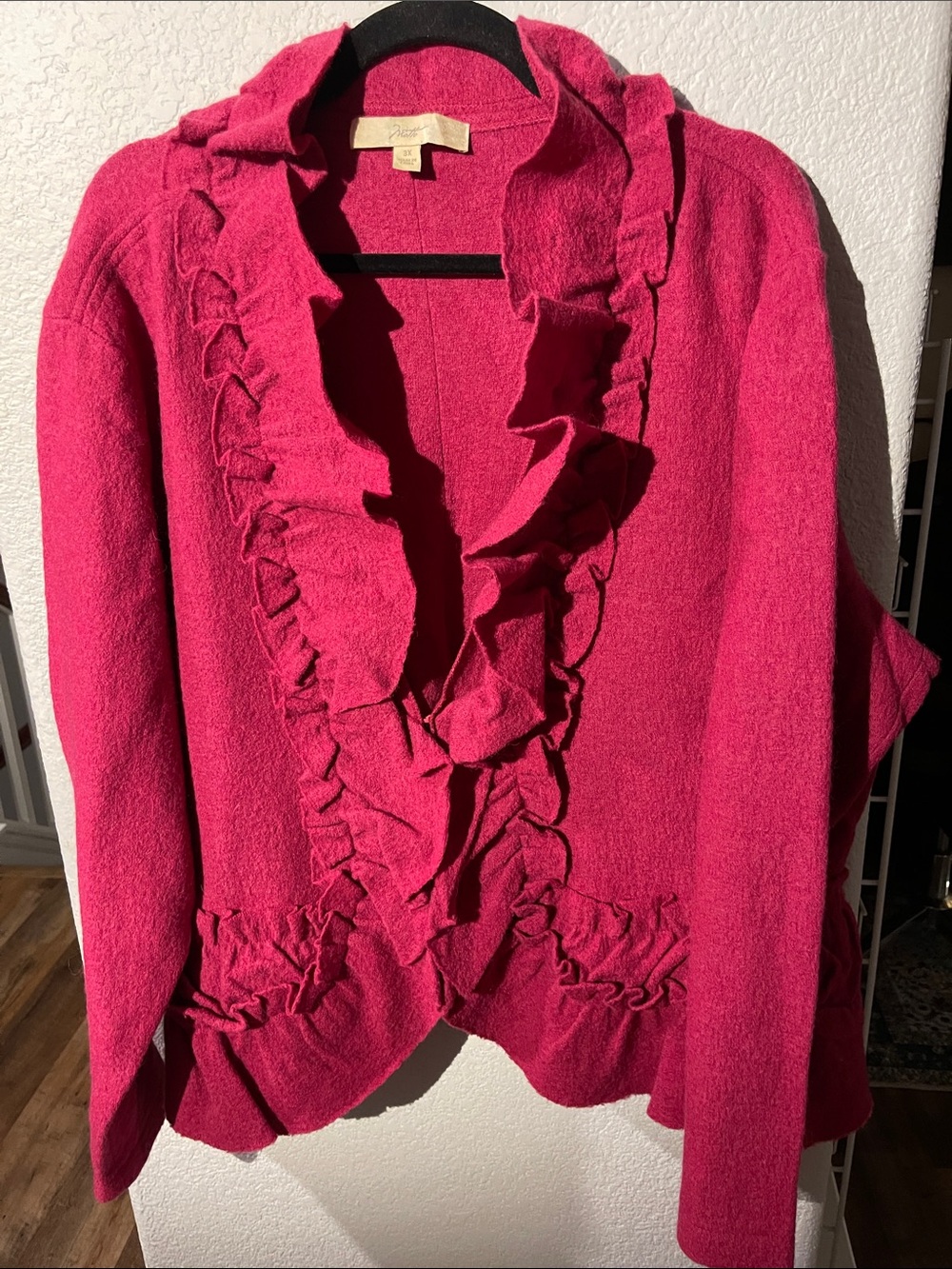 Wool Ruffled Open-Front Women’s Sweater Cardigan - Pink 3X